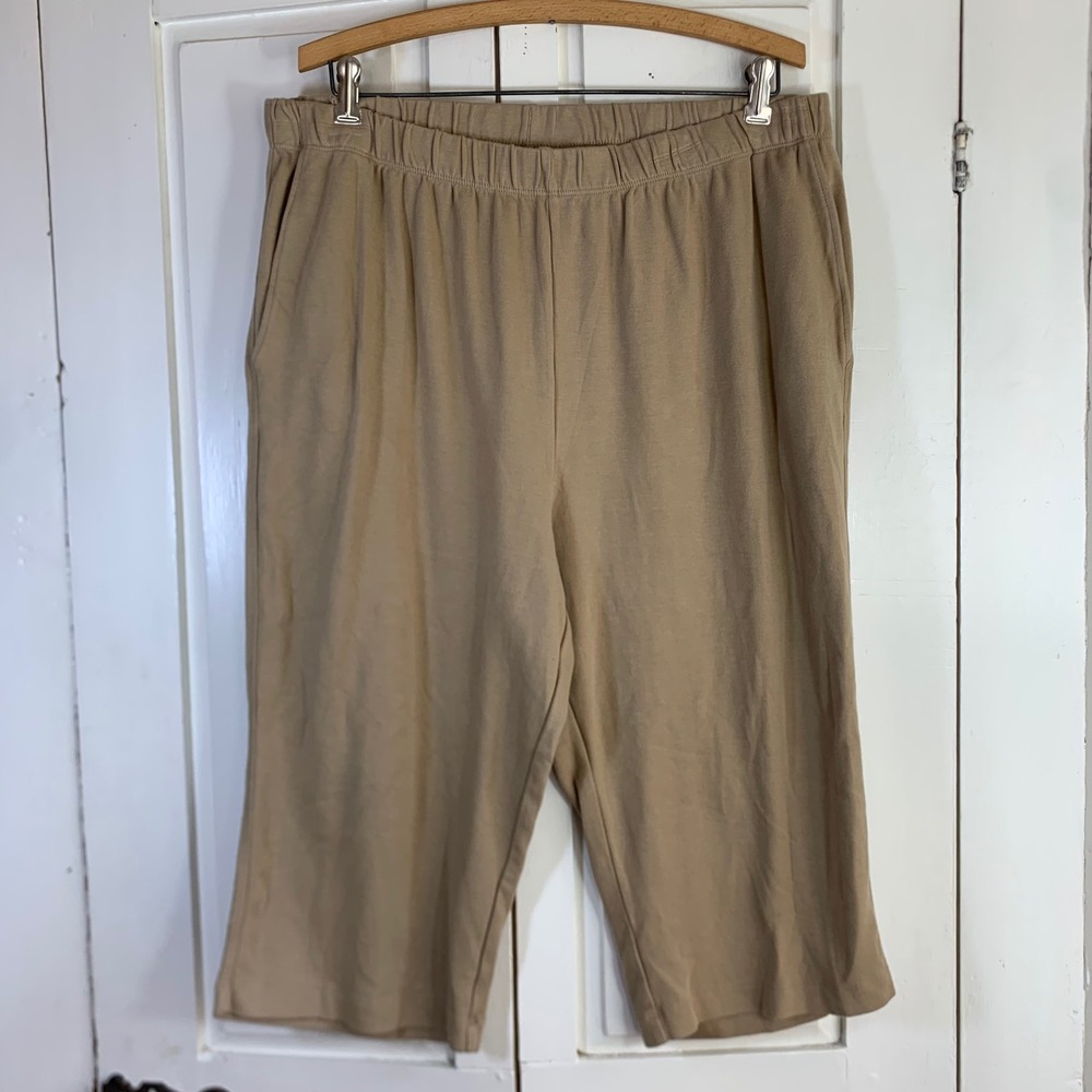 Lands End Tan Cotton Knit Crop Pants Womens 1X 16W-18W Elastic Waist Pockets
